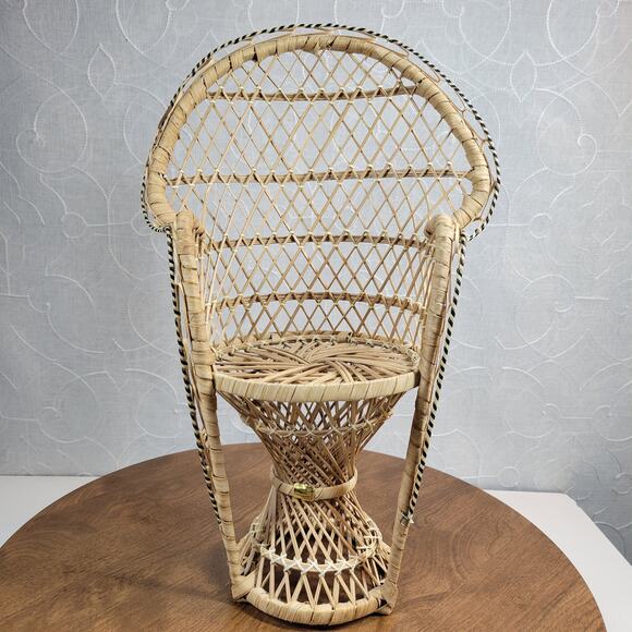 Vtg Mini Peacock Chair 15" Tan Wicker Rattan Plant Stand Boho Decor Hand Made - Picture 1 of 15